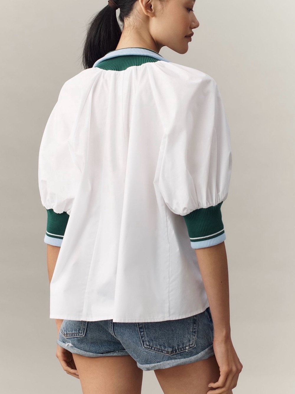 Anthropologie White Popover with Green Trim - Picture 4 of 6